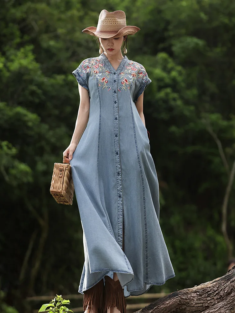 

TIYIHAILEY Women Denim Dresses Long Mid-Calf Summer M-2XL Chinese Style Embroidery Short Sleeve 2025 Vintage Single Breasted