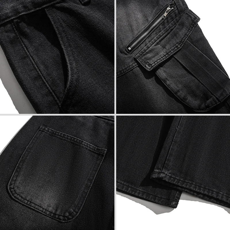 Spring Autumn New Fashion Men's Vintage Multi Pocket Washed Loose Wide Leg Straight Black Casual Trendy Jean Trousers Male Pants
