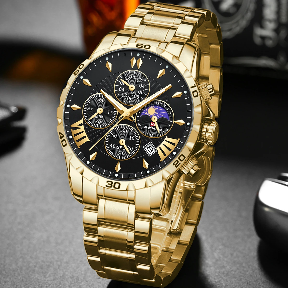 2024 New Men\'s Multi functional Watch Fashionable Night Glow Water Diamond Sports Style Stainless Steel Waterproof Quartz Watch