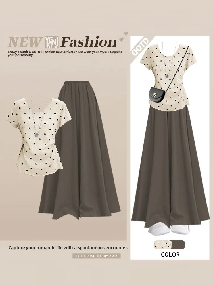 

Корейский повседневный комплект из двух предметов: футболка в горошек для похудения и юбка-брюки из полиэстера, короткий рукав