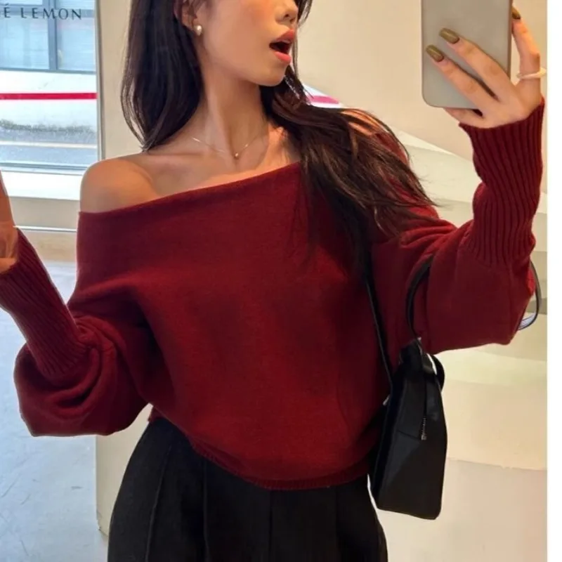

Off Shoulder Knitwear Fall Clothes Long Sleeve Tops Women's Clothing Trend 2025 Sexy One Shoulder Pullovers Y2K Streetwear Red
