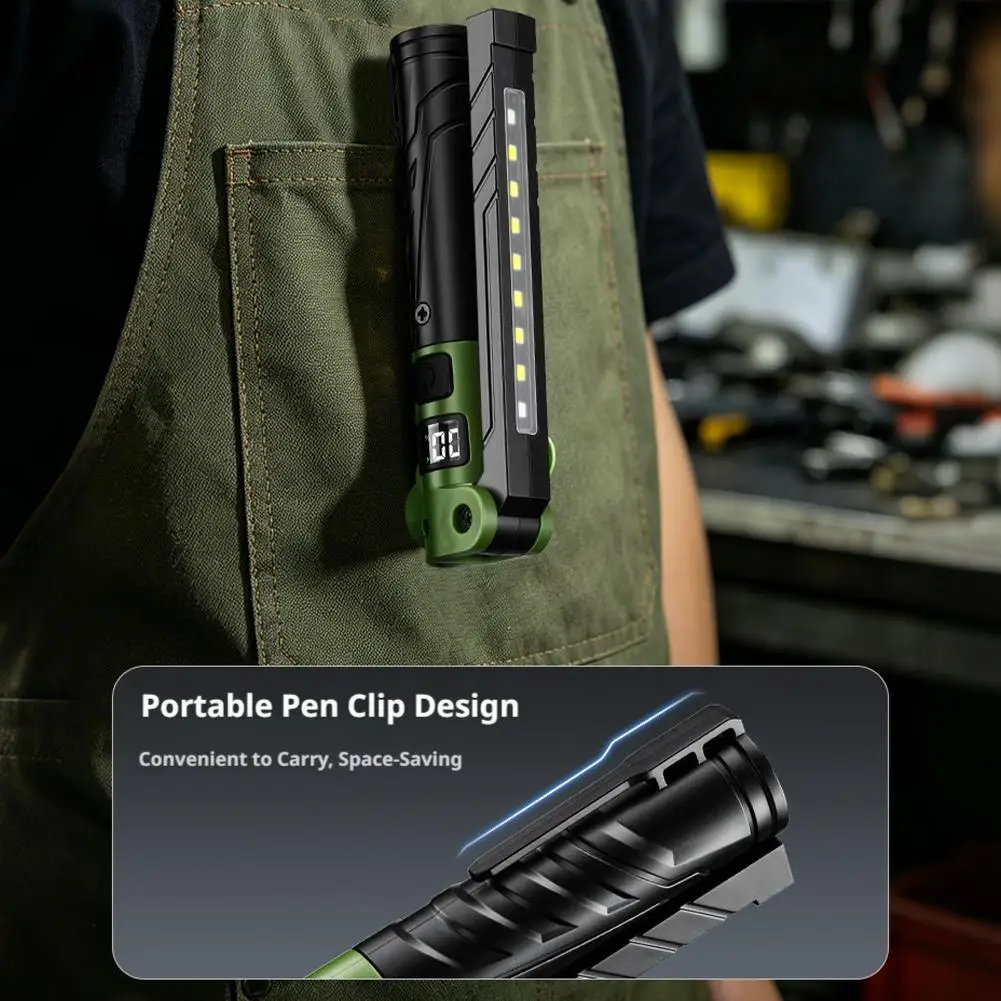 LED COB Flashlight Rechargeable Work Light Magnetic Base Foldable Flashlight Digital Power Display Outdoor Waterproof Lighting
