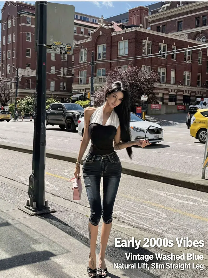 Y2K Vintage Padded Hip Capri Jeans for Women, Slim Fit Straight Leg Figure Flattering Cropped Denim Pants