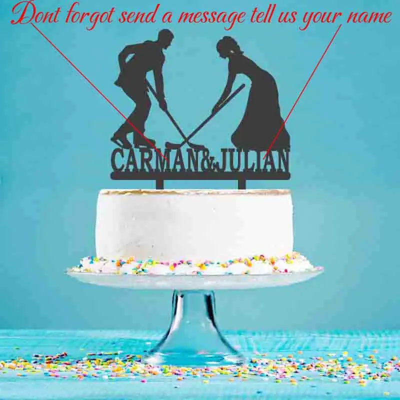 Custom Couple Name Bride and Groom Playing Ice Hockey Silhouette For Ice Hockey Player Wedding Party Cake Decoration Topper