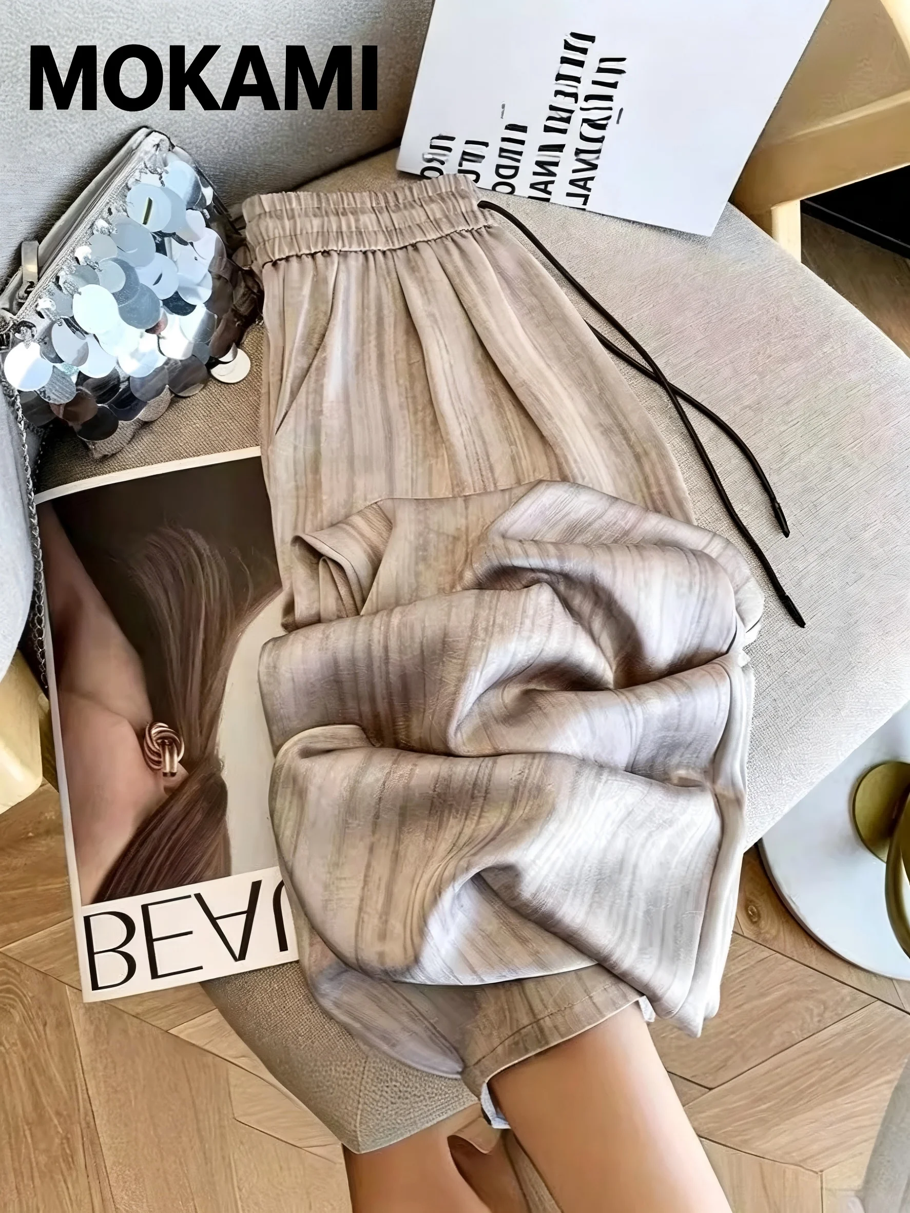 Summer New Lazy Style Ice Silk Wide Leg Pants Women's Draped Straight Stripe Silk Satin Casual Trousers Long Floor-Length
