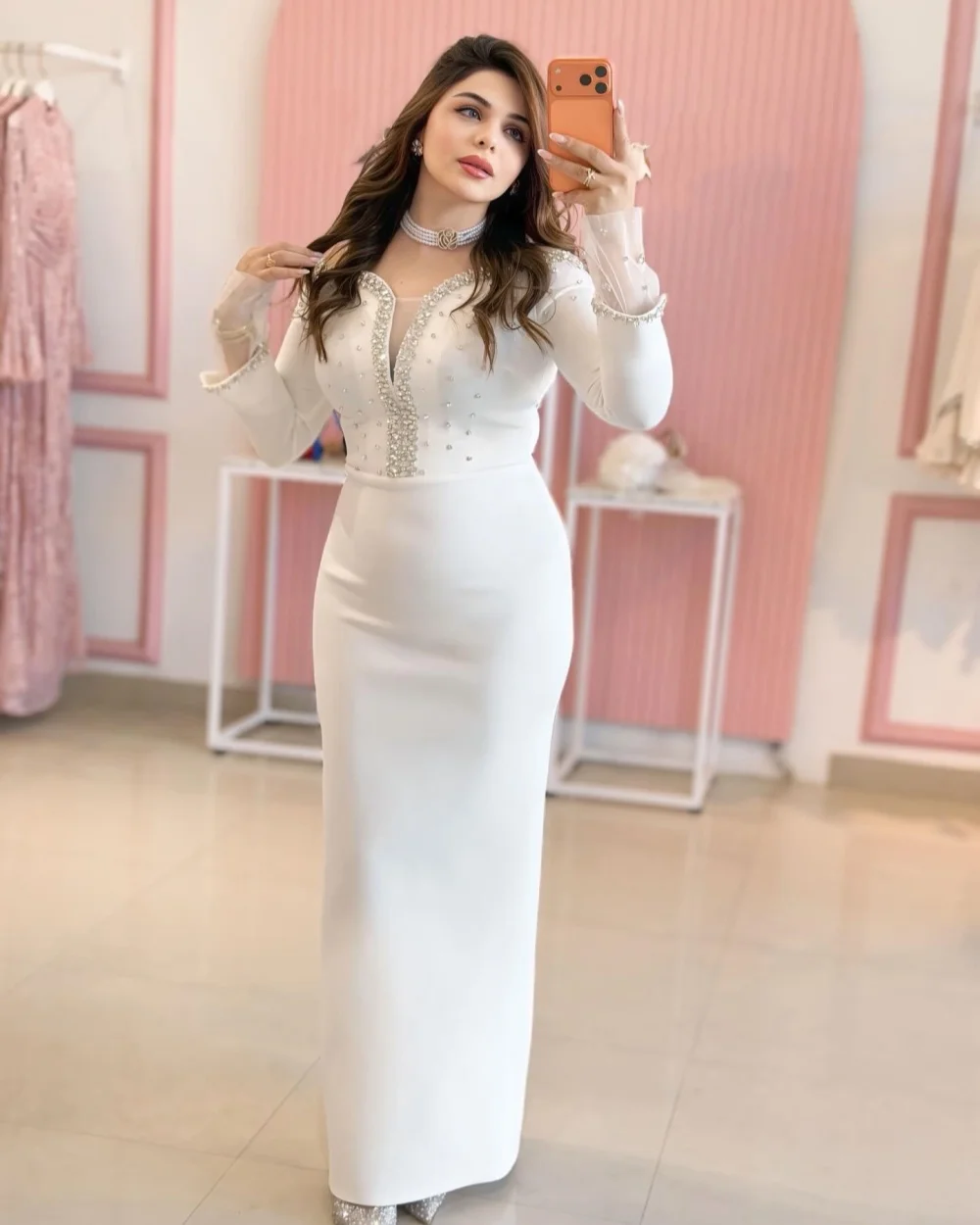 

Customized Elegant Women Jersey Rhinestone Pleat Sheath Evening Dresses Matching O-Neck Long Sleeves Floor Lenght Prom Dresses
