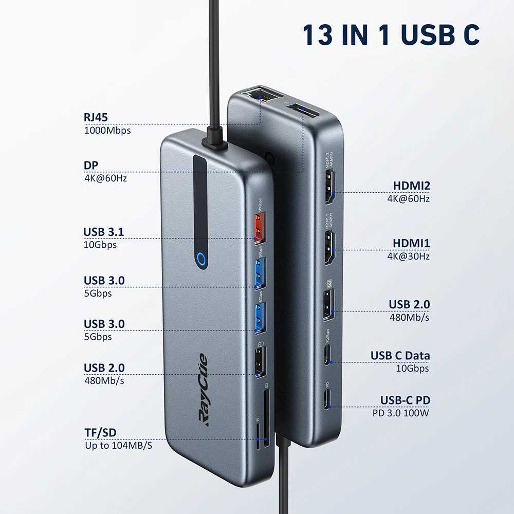 Imagem -05 - Raycue Docking Station Usb 3.2 10gbps Hub tipo c 4k Tela de 60hz Adaptador Compatível com Hdmi Macbook Surface Laptop 13-em1