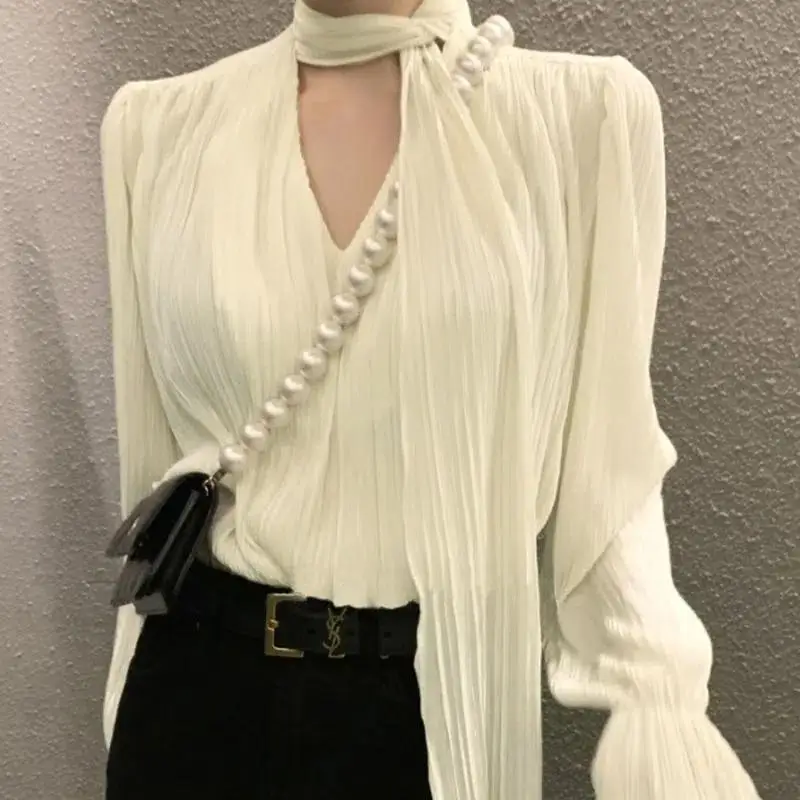 Temperament Pleated Loose Shirt Tops Long Sleeve V Neck Solid Color Elegant Blouse Spring Autumn New Fashion Trend Women Clothes