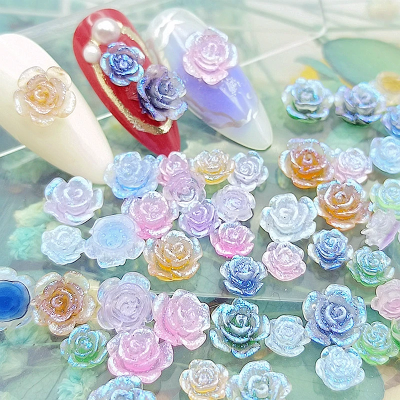 100PCS Mixed 6MM 8MM Rose Nail Charms Accessories Glittter 3D Acrylic Flower Nail Art Decoration Supplies Tool Manicure Material