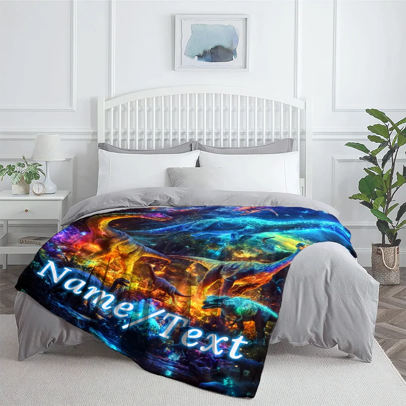 Custom name colourful dinosaur flannel blanket, suitable for sofas, beds, birthdays, children, family, friends, gifts