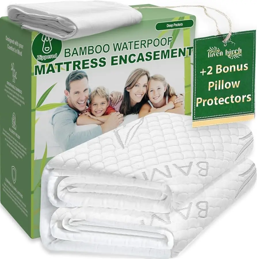 

Bamboo Rayon Mattress Protector with Zipper + 2 Pillow Protectors - 100% Waterproof Cooling Queen Size Co er - Ultra Soft Fabric