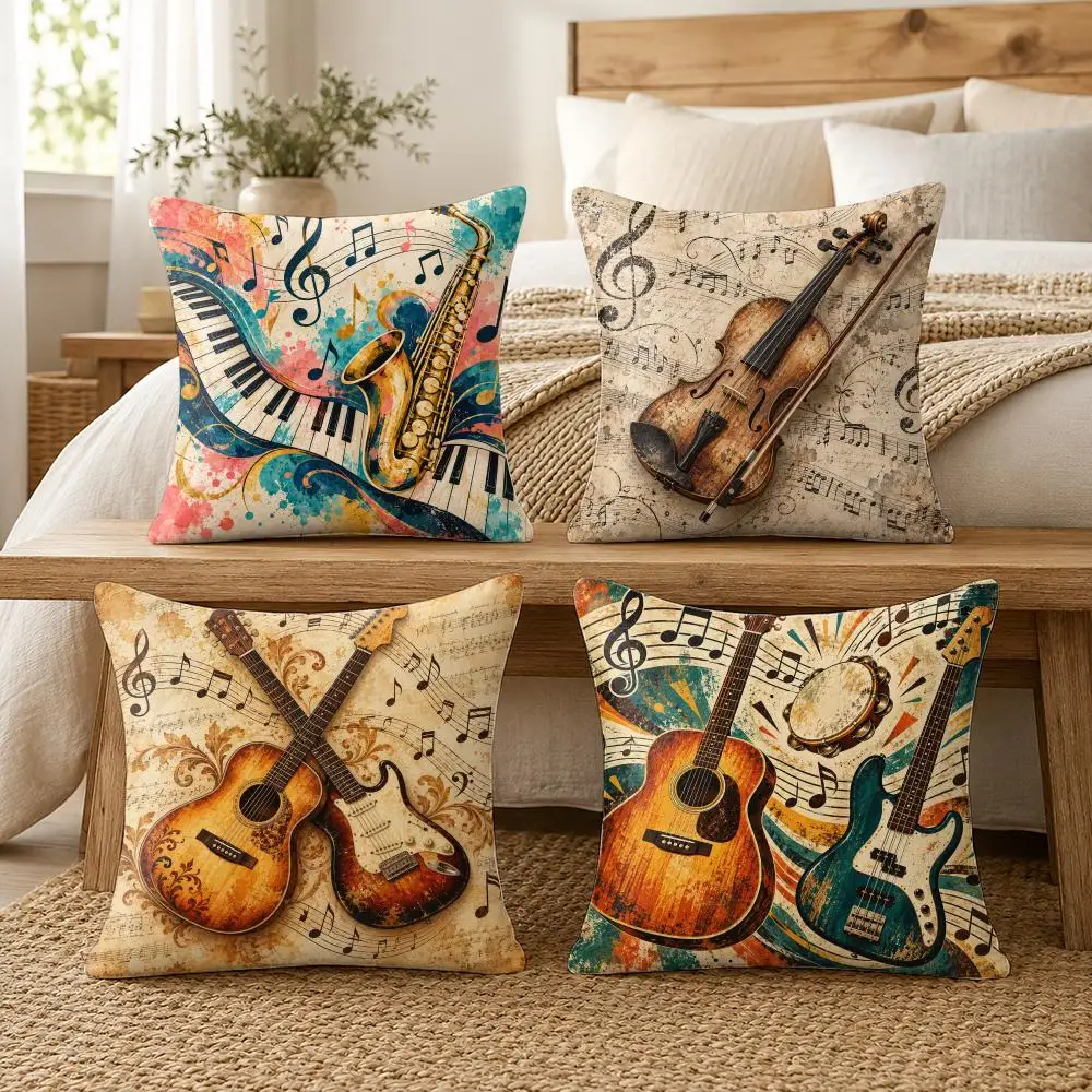 Guitar Musical Notes Cushion Cover Soft Short Plush Pillow Cases Hidden Zipper Cutecore Sofa Bedroom Home Decor Gift