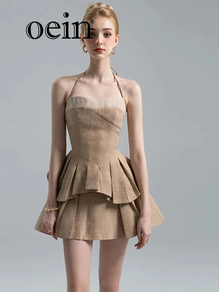 

[oein] French Style Neck Hanging Dress 2024 New Design, Goddess, Western-style, High Waist, Slim Fit, Slimming Pleated Skirt