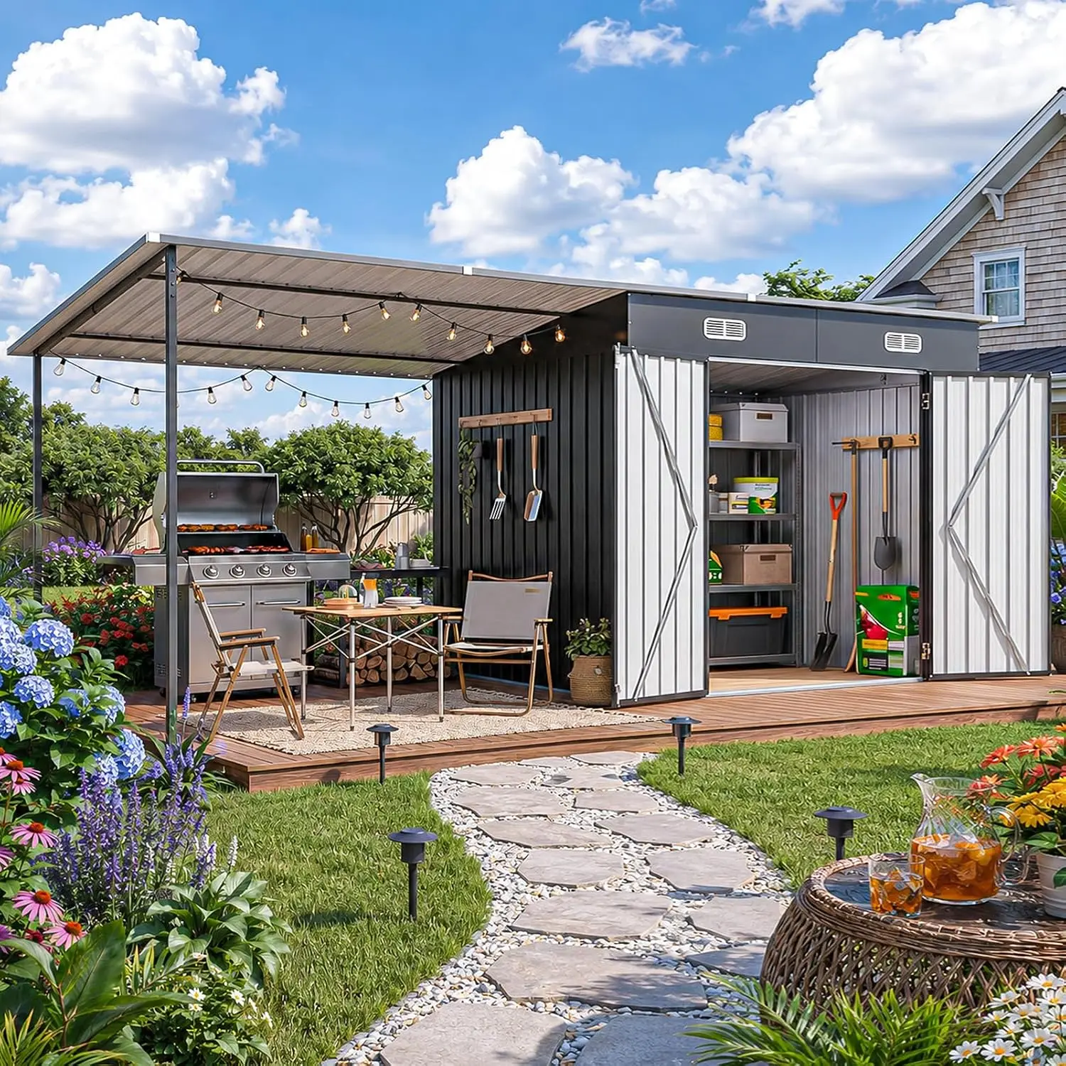 14x6FT Outdoor Lean-to Shed & Hardtop Gazebo Combo, Customized