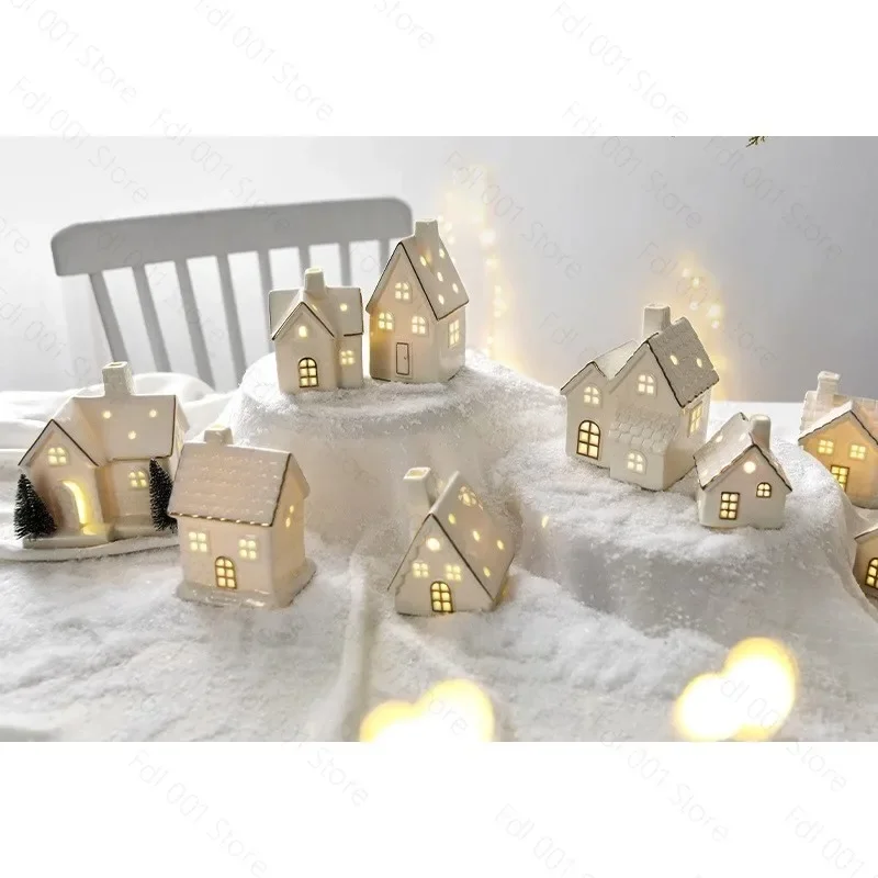 Luminous Ceramic Snow House Christmas Tabletop Scene Decoration for Holiday Tree Ornament Display