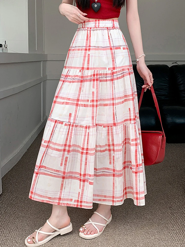 Retro vacation plaid patchwork skirt women in summer fresh and chic high waisted and drooping medium long pleated umbrella skirt