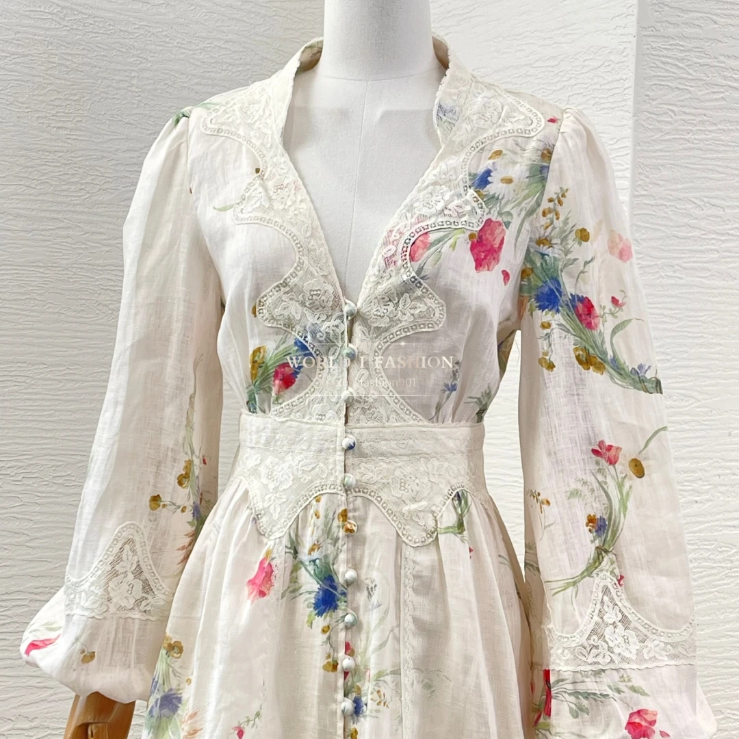 Holiday Beach Style Series White Elegant Floral Print Full Lantern Sleeve Linen Women High Quality Midi Dresses