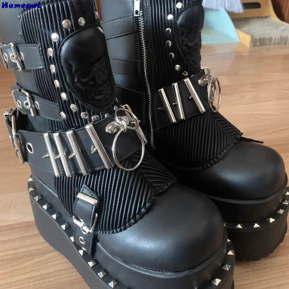 Metalowe nity Punk Buty motocyklowe Okrągłe palce Platforma Gothic Rhinestone Zipper Cool Girl Boots 2024 Nowe czarne damskie krótkie buty