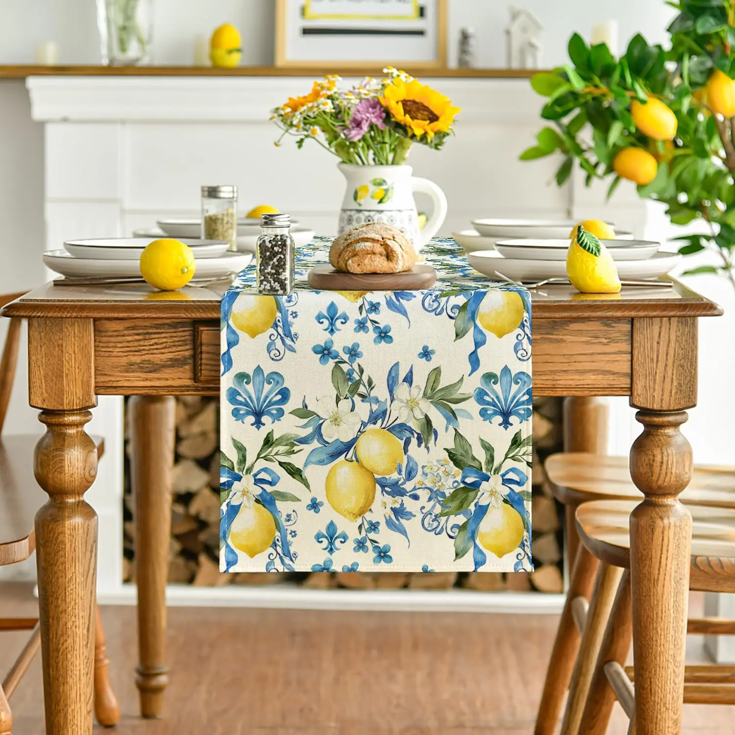 Spring Summer Blue Lemon Flower Linen Table Runner Holiday Party Decor Farmhouse Kitchen Dining Table Runner Wedding Decorations