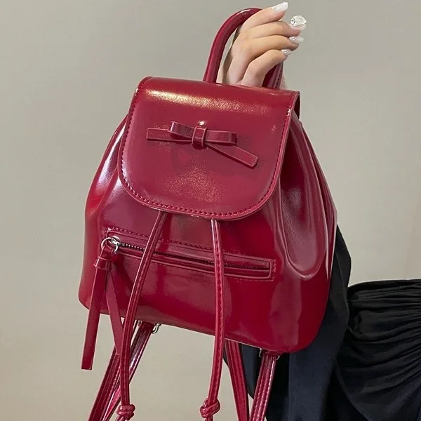 Women's Patent Leather Mini Backpack with Bow Detail, Drawstring Closure Small Shoulder Bag, Casual Fashion Daypack