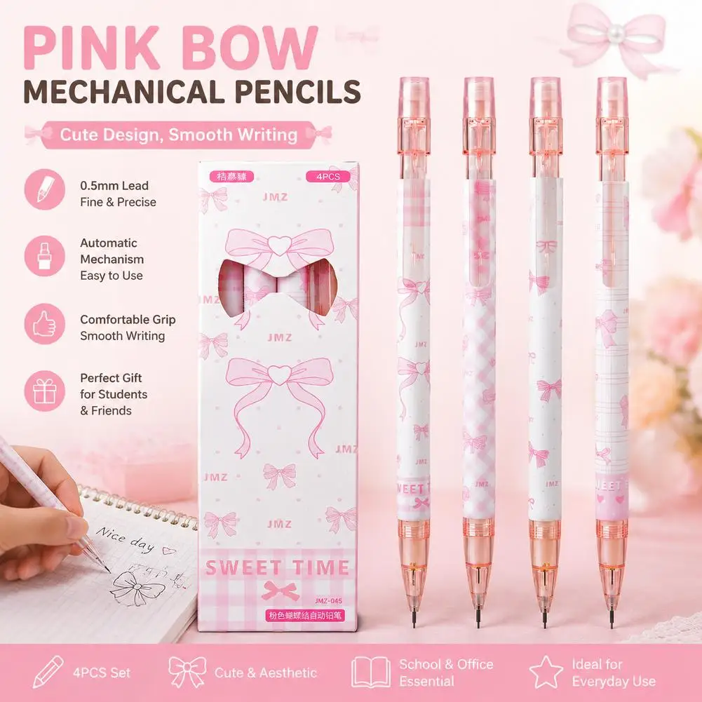 Mechanical Pencil 4 Pcs Pink Bow Aesthetic Cute Auto Pencil 0.5mm Non Sharp Refillable Plastic Drafting Pen For School Students