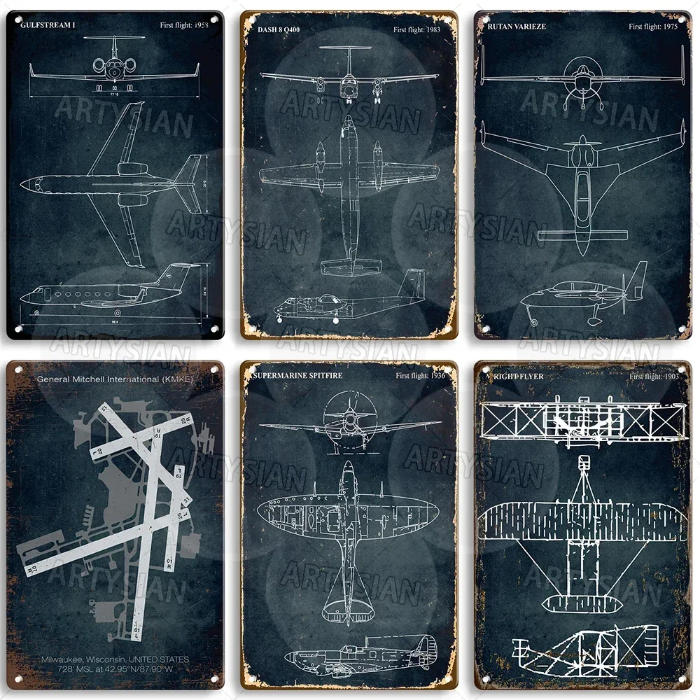 Airplane Technical Drawing Bell X-2 Gulfstream Mooney M20 Cessna 172 Airport Runway Metal Sign Boeing 747 F-16 KOSH KRYV Blériot