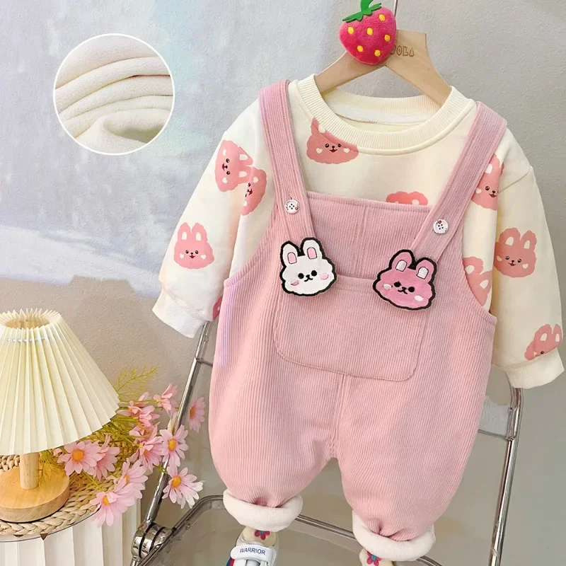 Autumn Winter Girl Clothing Set Cute Cartoon Strap Pants+Hoodies 2pcs Suit Plush Warm Princess Clothes Fashion Baby Girl Clothes