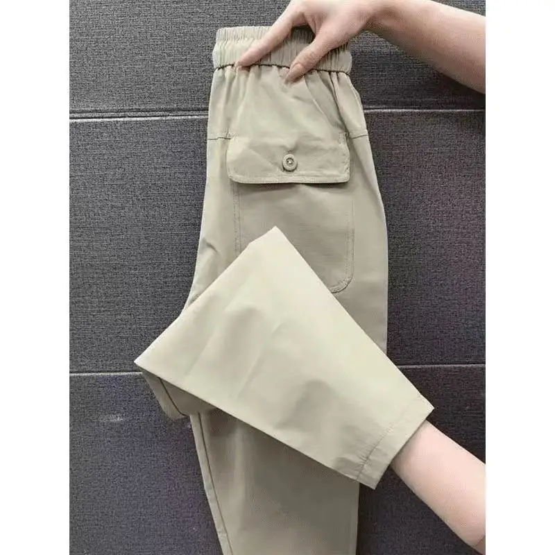 

Ice Silk Cotton Linen Pants Women Summer Elastic High Waist Harlan Pant 2025 New Casual Loose Thin Ankle-Length Pants Ladies