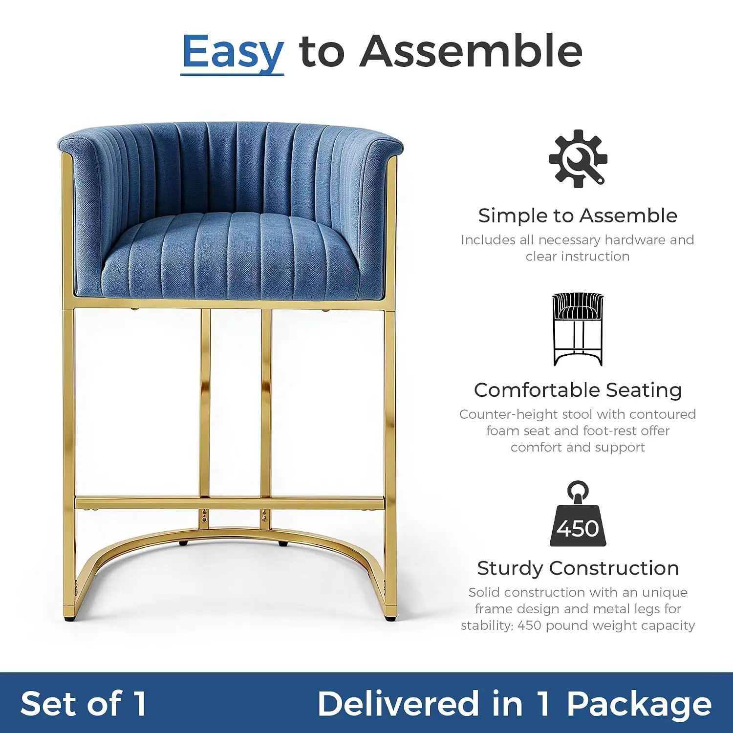 26" Counter Height Bar Stools Modern Barrel Backrest Linen Upholstered Kitchen Island Gold Frame 450LBS Blue, Customized - view 6