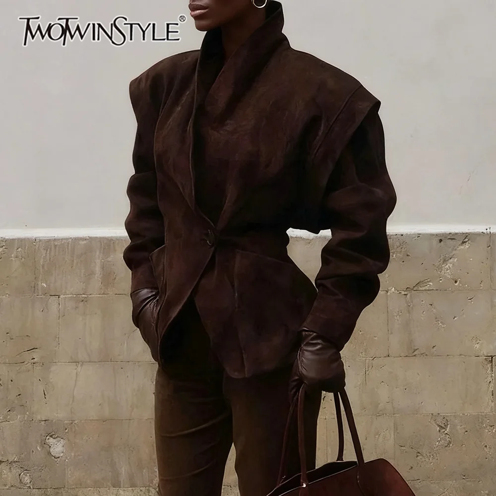 

TWOTWINSTYLE Slimming Minimalist Leather Jackets for Women Lapel Long Sleeves Patchwork Button Casual Jacket Female Fashion New