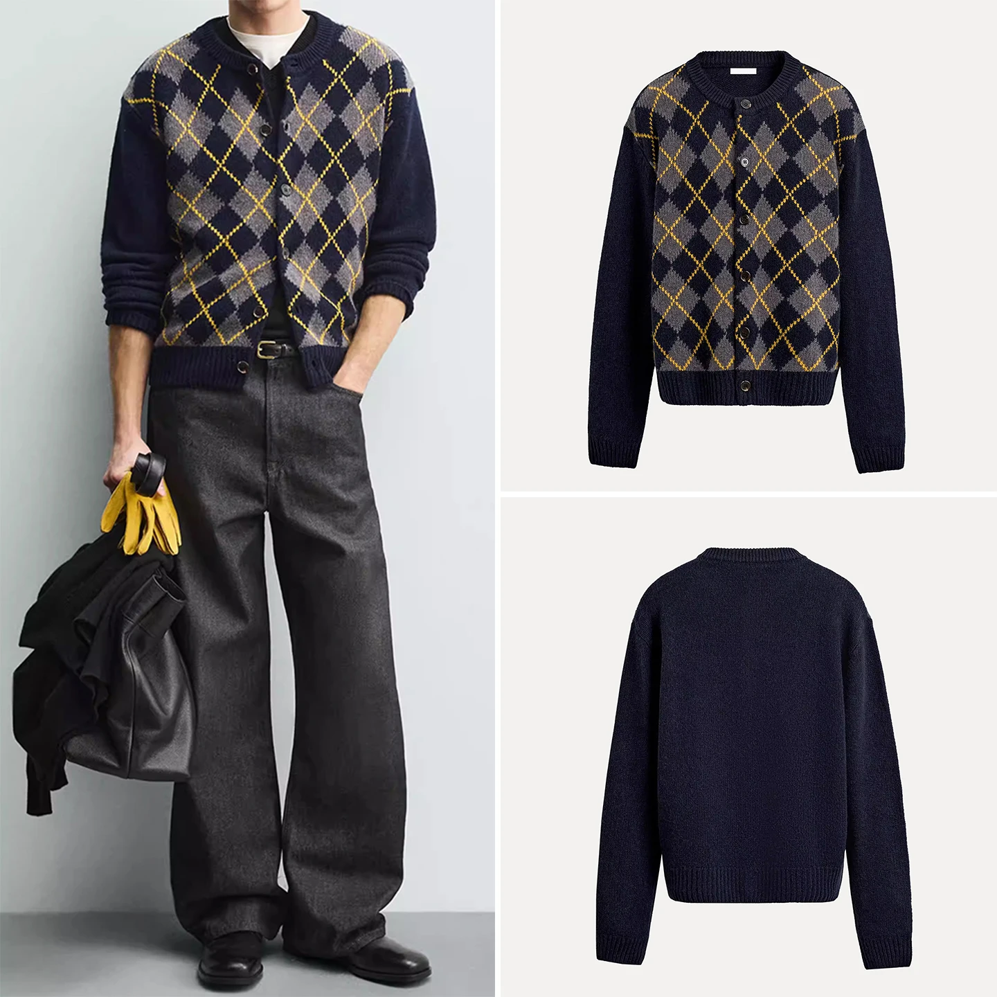 

Модный мужской вязаный кардиган с ромбовидным узором, приталенный, прямой крой, с длинными рукавами, на пуговицах, Зима 2025, приятный к телу материал.