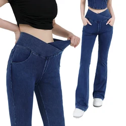 Calça Feminina de Sino Flare, Perneiras de Yoga Flare, Cintura Alta, Jeans Stretch de 4 Vias, Fitness, Treino Esportivo, Jeans Casual