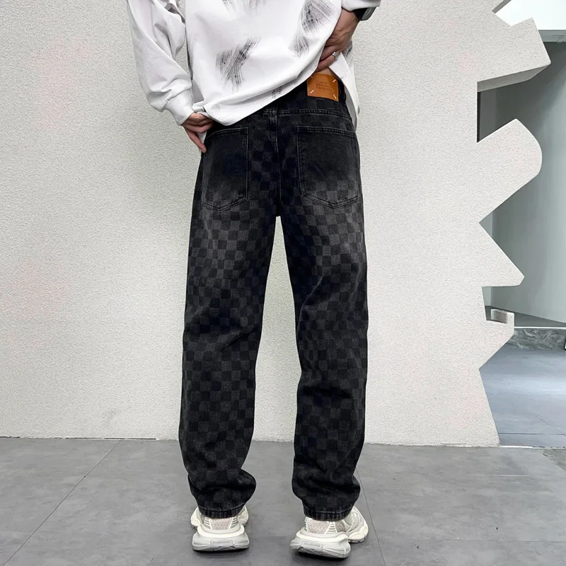 Plaid & printed jeans for men 2024 Autumn New Fashion Street straight loose casual wide-leg mop Y2K denim long pants