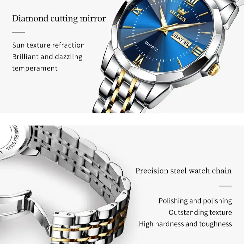 OLEVS-relojes de pareja para hombres y mujeres, reloj de cuarzo de acero inoxidable con espejo prismático para amantes, conjunto de reloj de pulsera