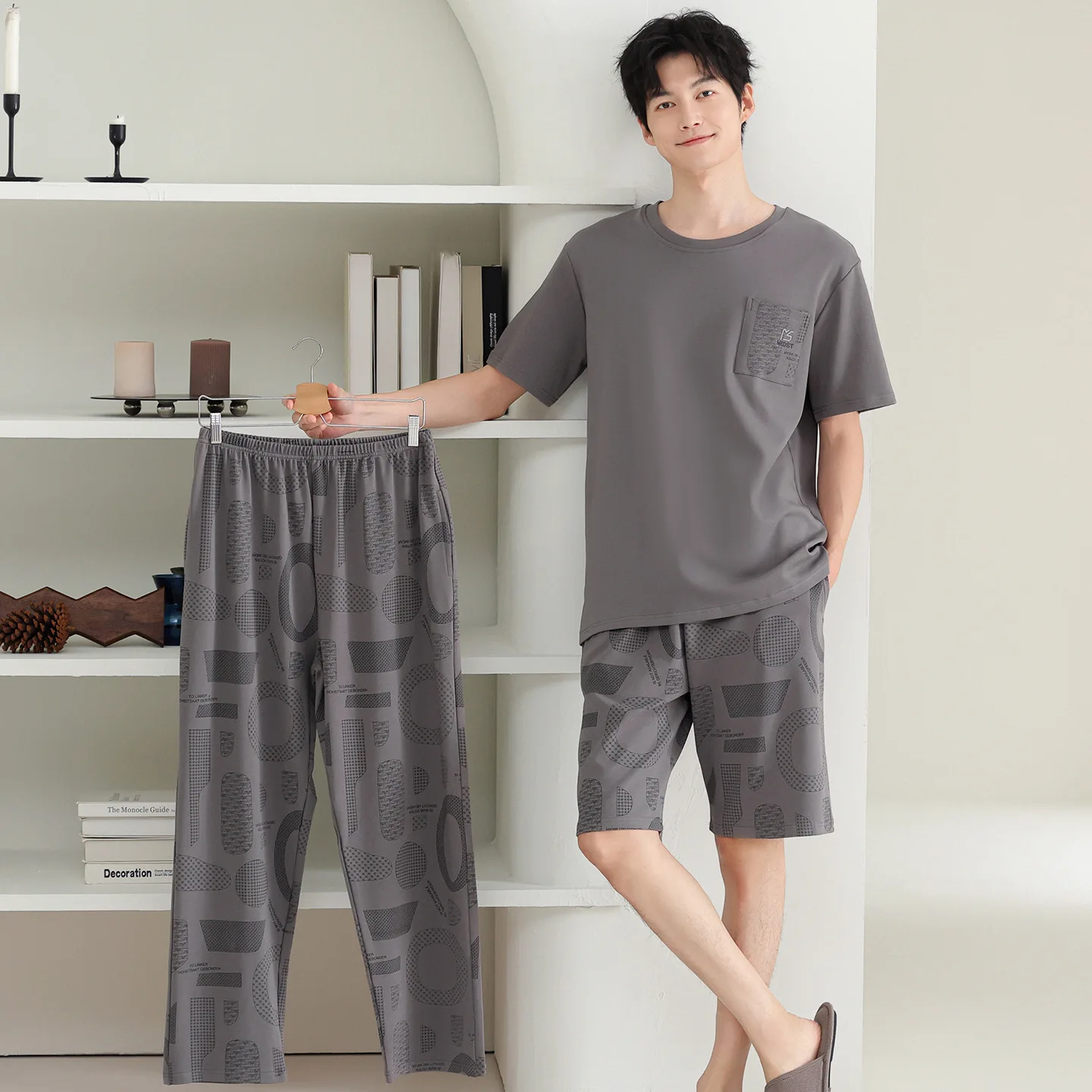 3 Pieces Set Men's Cotton Pajamas Summer Short Sleeves Shorts Long Pant Homewear Young Boy Male Pjs Pyjamas Hombre Dropship