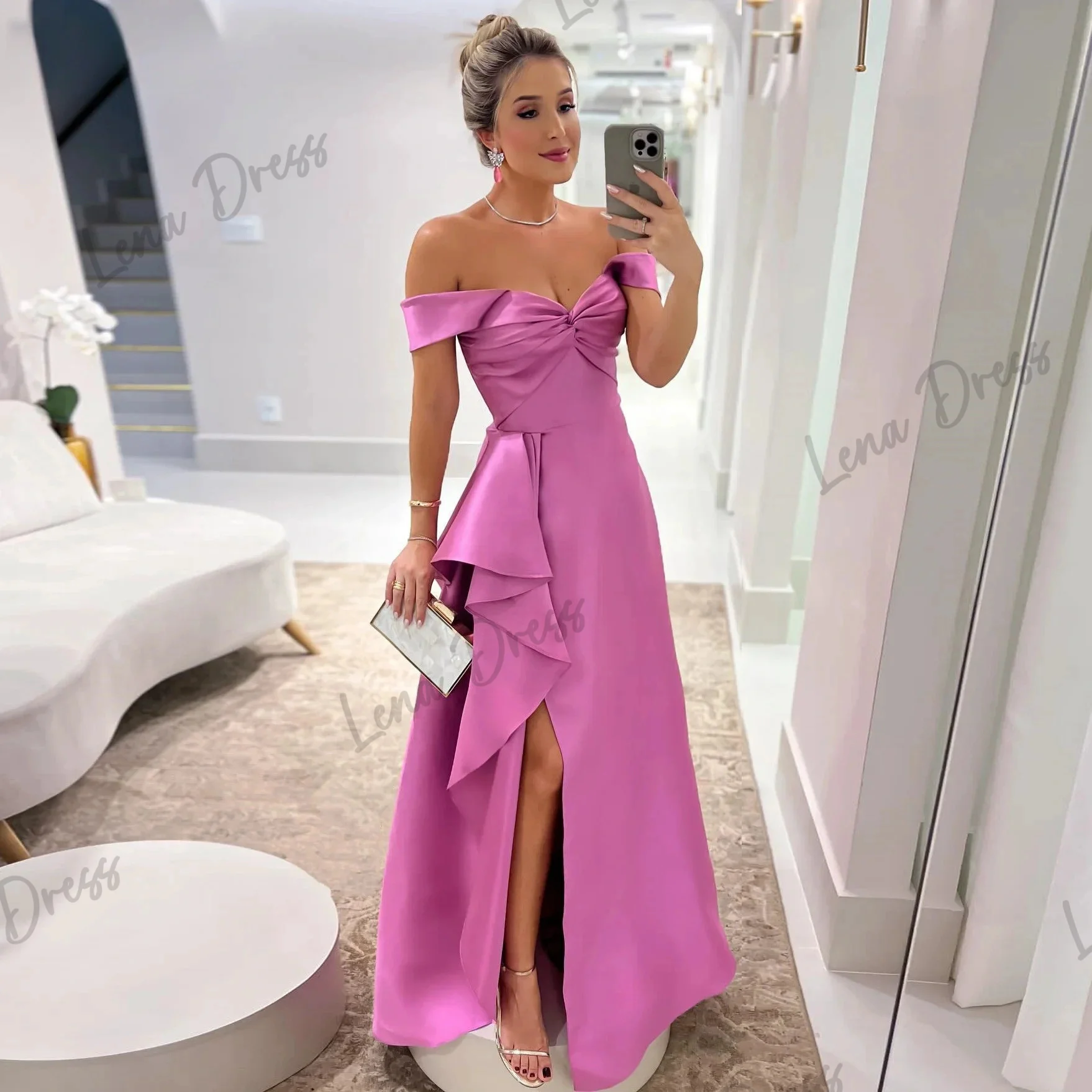 

Lena-Off shoulder satin evening dress 2024 women's pleated leg slit formal party dress in Arabic style