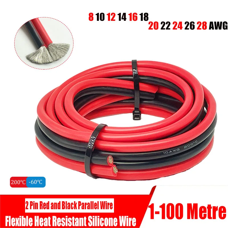 Super Soft 2 Pin Red Black Silicone Wire 28awg 26awg 24awg 22awg 20 18 16AWG 14AWG 12AWG 10AWG 8AWG Heat Resistant Copper Wire