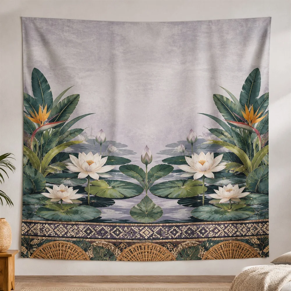 VIKAMA Water Lily Pond Layered Bands Tapestry Wall Hanging, Tropical Wall Decor Tapestries for Study Living Room Bedroom Office