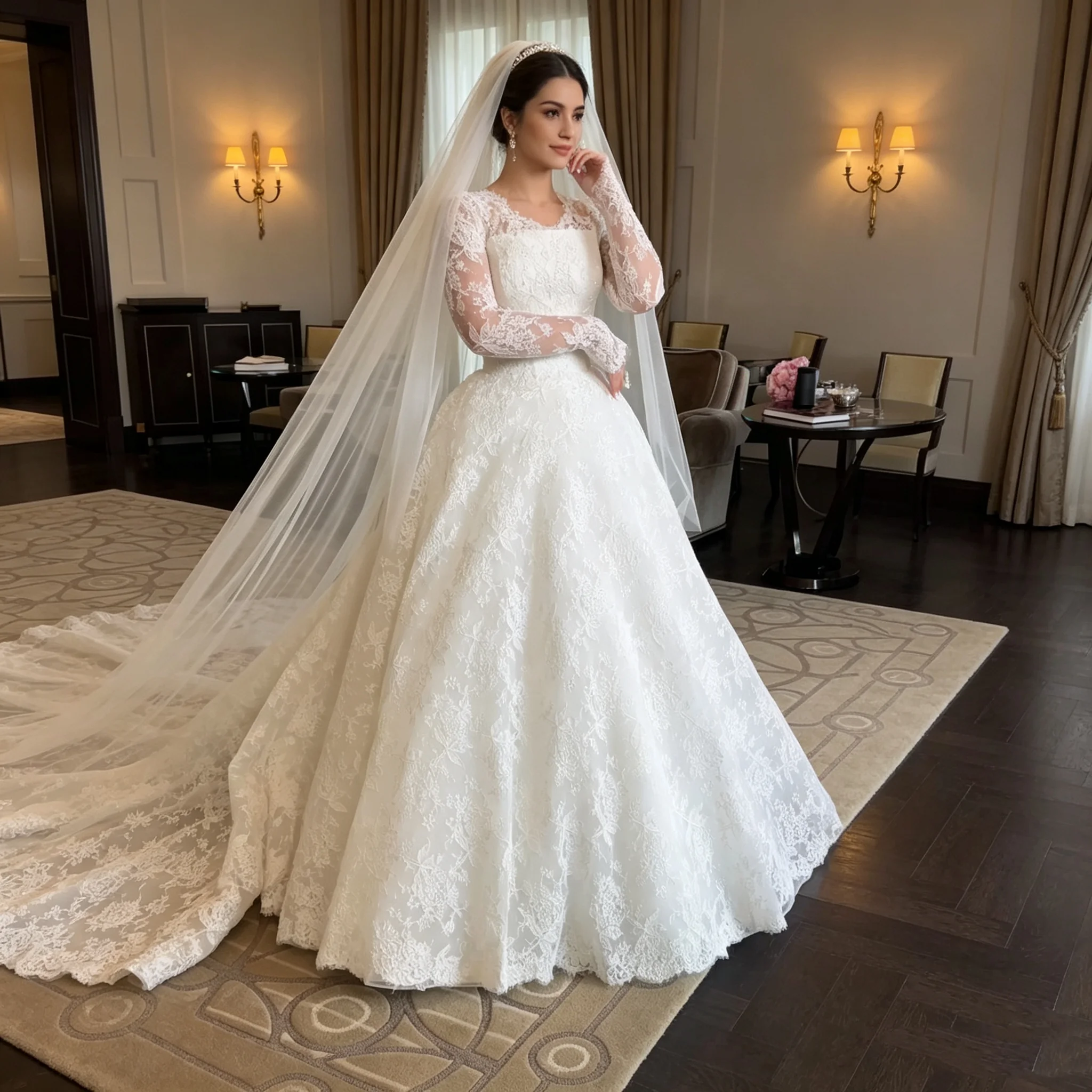 Luxury Ball Gown Wedding Dress Lace Appliques Vestidos De Novia Royal Court Style Bridal Dress with Court Train Customized