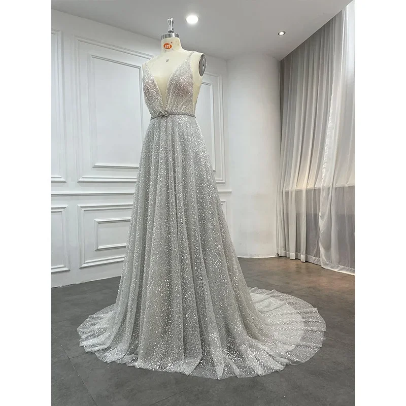 Custom Luxury Wedding Guest Silver Evening Gowns Long Formal Party Sequin Dress Women for Join Wedding