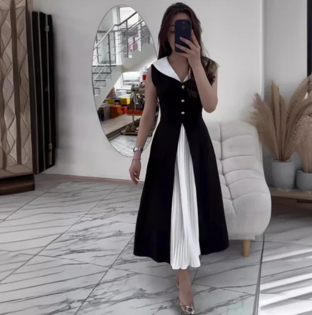 

Women's Sexy Dress 2024 Summer Autumn Latest Collar Fashion Contrast Color Sleeveless Elegance Maxi Dress Sleeveless Long Skirt