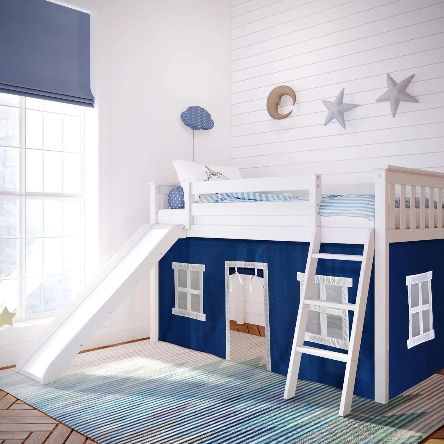 Low Loft Bed Twin Bed Frame for Kids with Slide and Curtains for Bottom White/Blue Rugged and Stable Modern Clean Design