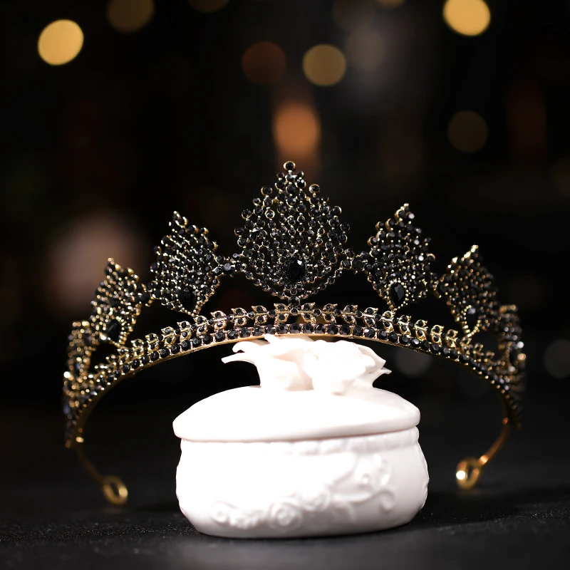 Baroque Retro Black Luxury Bridal Crystal Tiaras Crowns Princess Queen Pageant Prom Rhinestone Veil Tiara Wedding Hair Accessory