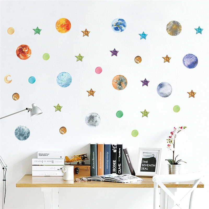 Colourful Solar System Planets Moon Star Wall Sticker For Kids Room Kindergarten Home Decoration Diy Mural Arts Pvc Wall Decal