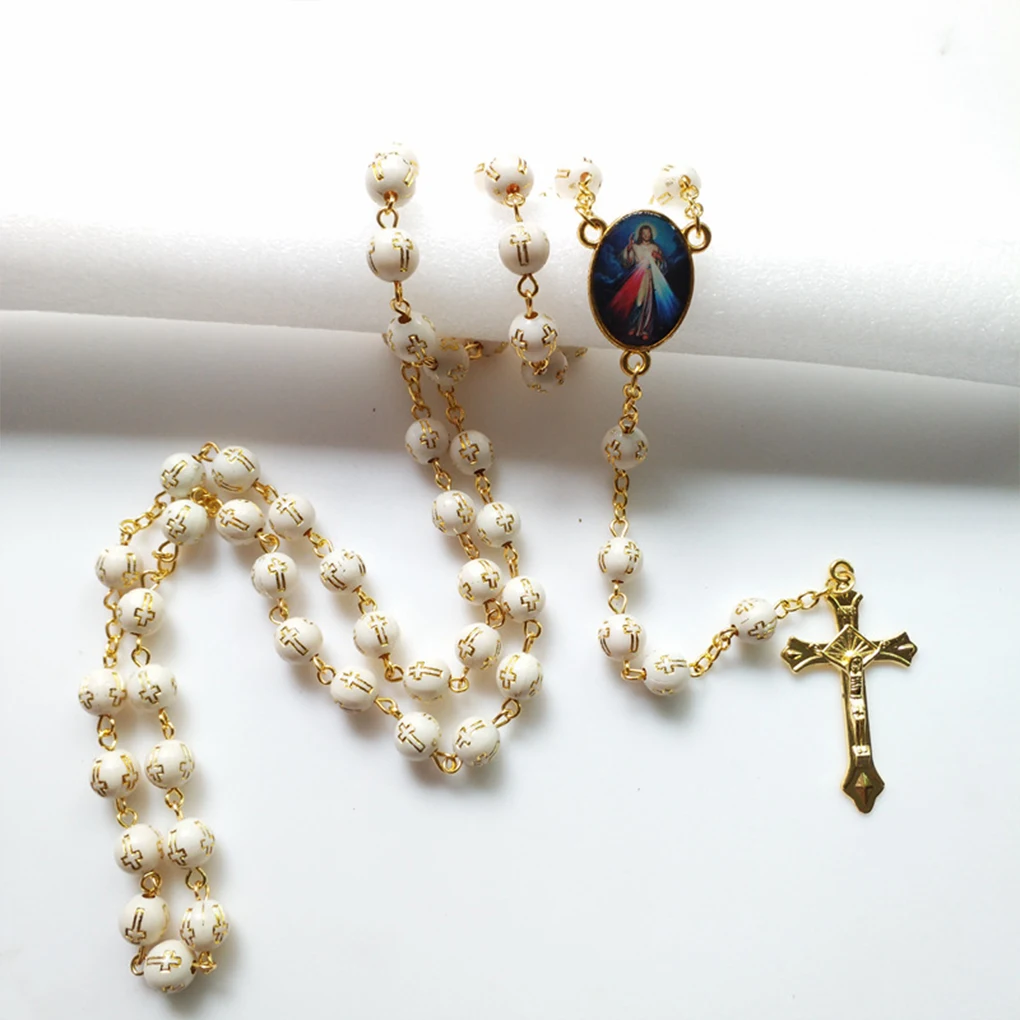 Fashion Necklace Long Simulated Pearl Handmade Catholic Rosary Crucifix Pendent Beads Charm Ornaments Jewelry Gifts