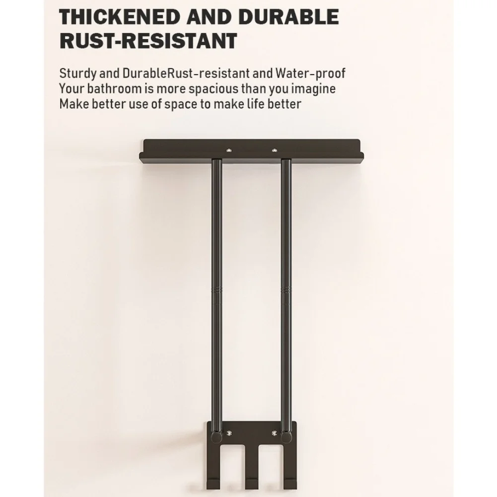 No Drill Wall Mounted Towel Rack 2 Tier Black Iron Bathroom Organizer for Tiles and Glass Rustproof Load Capacity 10kg