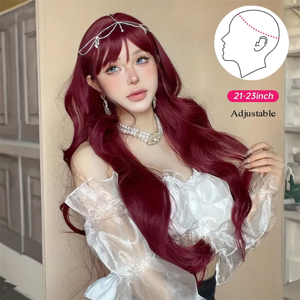 GEMMA Long Wine Red Wavy Synthetic Wig with Bangs Red Halloween Wigs for Women Cosplay Party Lolita Natural Hair Heat Resistant