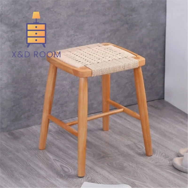 

XD Solid Wood Stool Household Woven Rope Small Stool Rubber Wood Wooden Vanity Stool Nordic Modern Single Person Japanese Stool