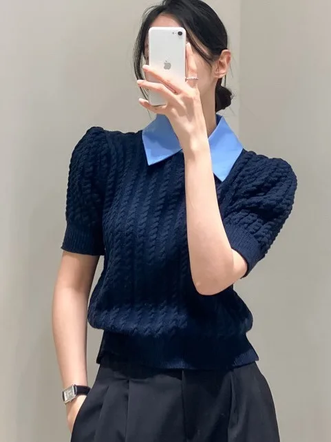 

Chic Summer Vintage Loose Bubble Sve Knitted Sweater Collar Turn-down Patterned Versatile Faionable Ladies' Knitwear