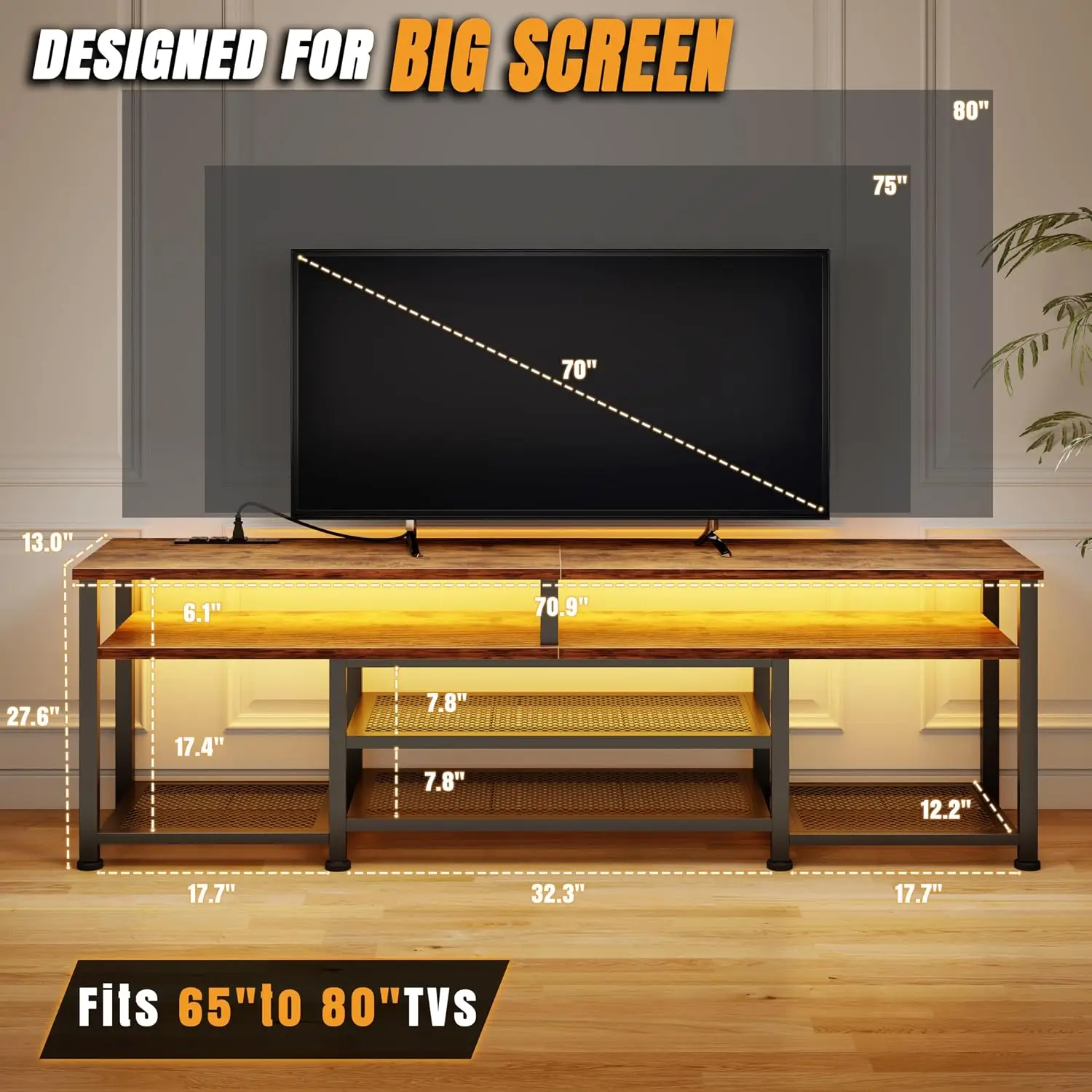 71in TV Stand Entertainment Center LED Lights Power Outlets Open Shelves Living Room Bedroom Rustic Brown, Customized